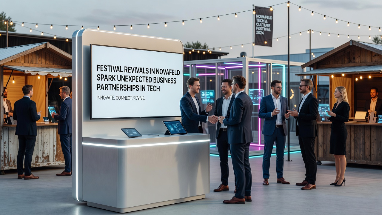 Tech entrepreneurs and local artisans discuss potential collaborations at a Novafeld festival booth
