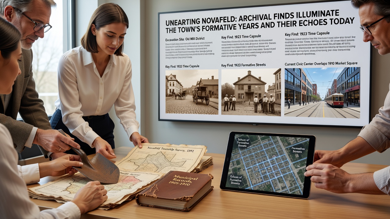 Researchers examining 19th-century ledgers and photographs in a Novafeld archive reading room